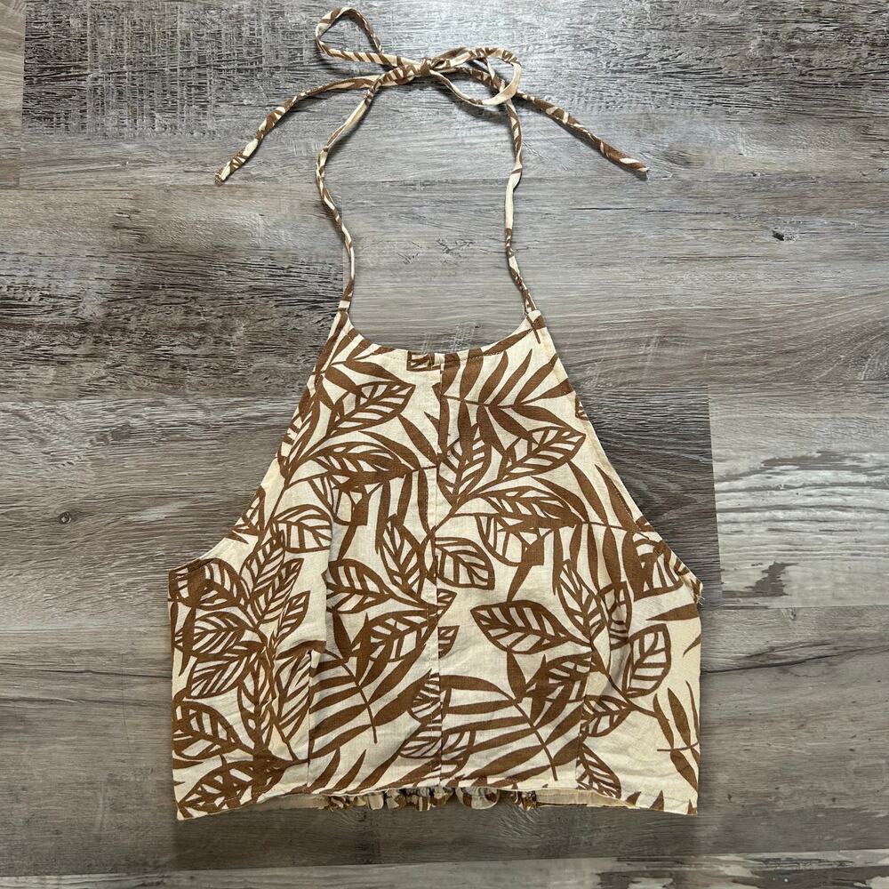 House of Harlow 1960 Leaf Print Halter Crop Top Size 6 Boho Festival Linen Blend